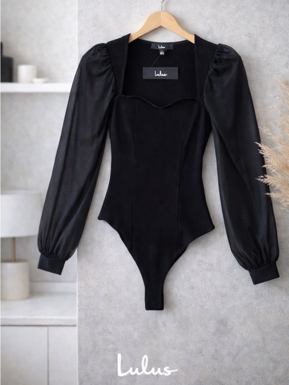 Lulus Black Ribbed Bodysuit Mesh Puff Sleeves Square Neck NWT Size S